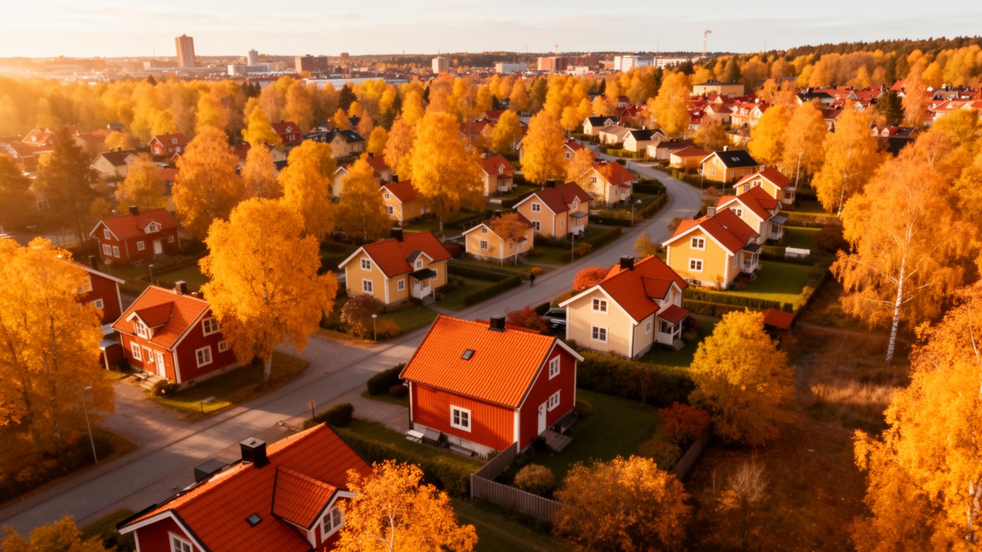 Svenskt bostadsområde i höstljus